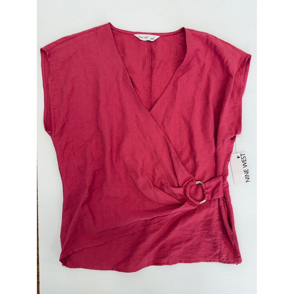 Nine West Womens Pink Wrap Top Side Ring V-Neck Blouse WW52W210RS Size L NWT